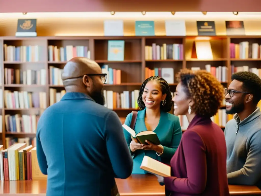 Una imagen detallada de un animado grupo en una acogedora librería, promoviendo la divulgación de poesía contemporánea a través de blogs literarios