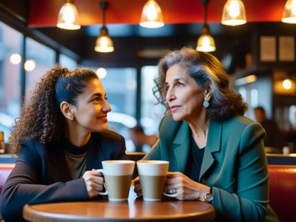 Imagen detallada en 8k de Diane di Prima y Janine Pommy Vega en un café de Greenwich Village, inmersas en profunda conversación, reflejando la energía creativa y fervor intelectual de la Generación Beat Femenina DiPrima Kandel