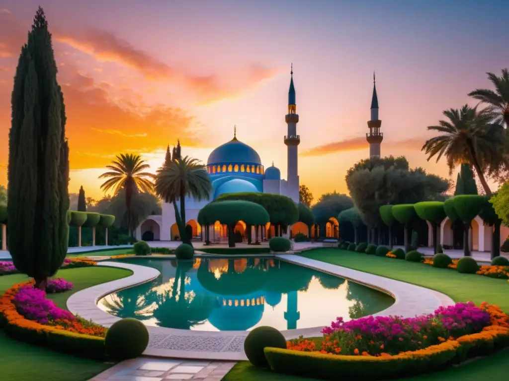 Imagen 8k detallada de un jardín persa al atardecer, con colores vibrantes y una atmósfera de paz, inspiración y la sabiduría de Hafez