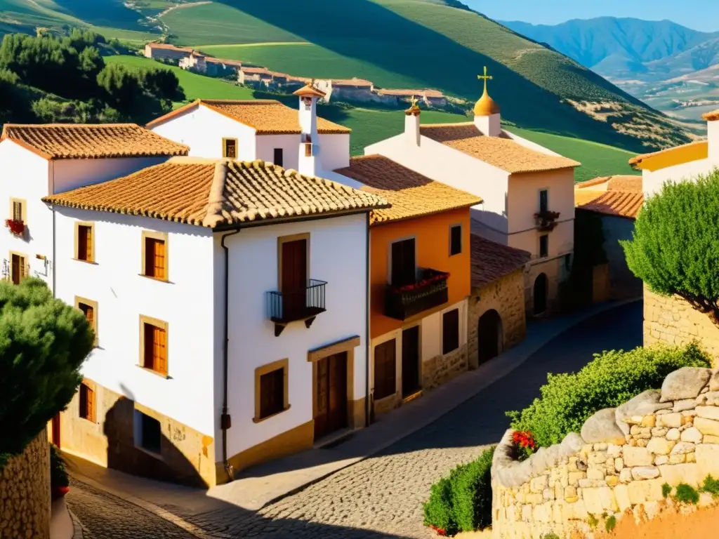 Imagen detallada de un pintoresco pueblo español, evocando la atmósfera nostálgica y serena de 'La Familia de Pascual Duarte