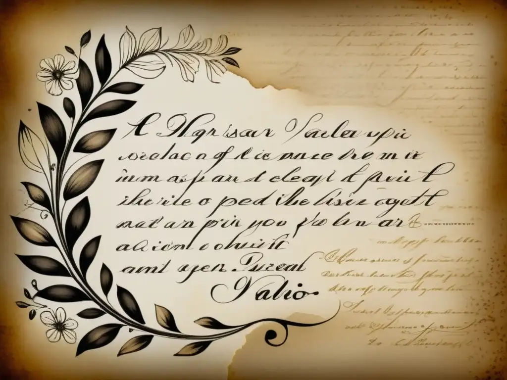 Una imagen detallada de la poética de César Vallejo, con su elegante escritura y delicadas ilustraciones florales, envuelta en tonos cálidos