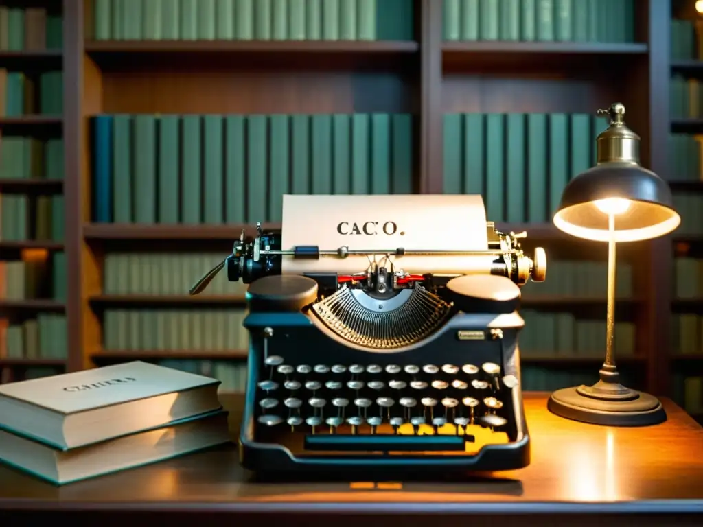 Una imagen evocadora de una antigua máquina de escribir en una biblioteca acogedora, iluminada por una lámpara de escritorio