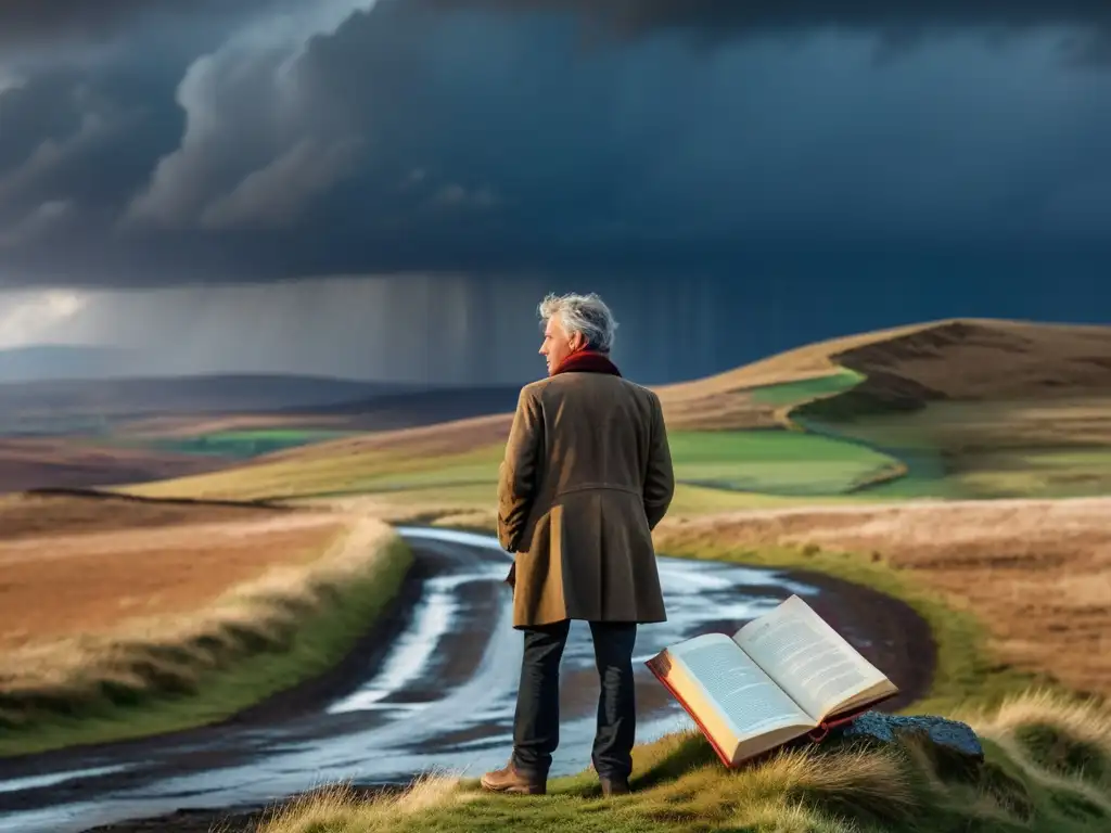 Una imagen evocadora de un individuo solitario sosteniendo un libro de poesía en un paisaje desolado, donde la poesía exilio trasciende fronteras