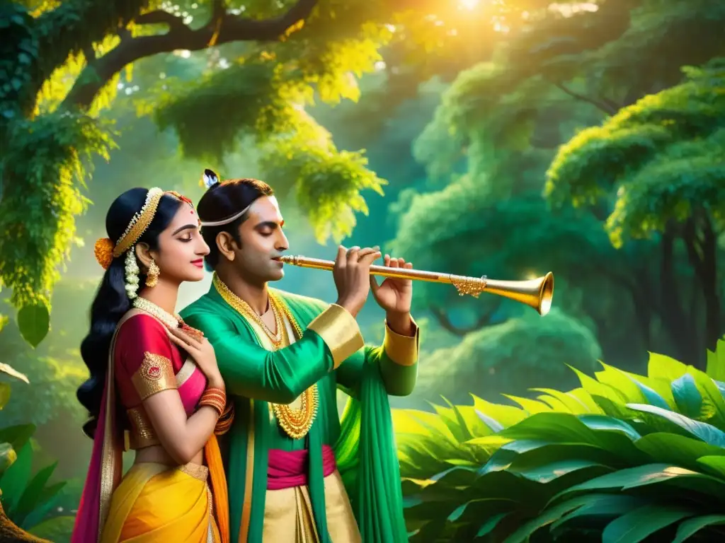 Imagen de Radha y Krishna en un exuberante bosque, bañados por la cálida luz del amanecer