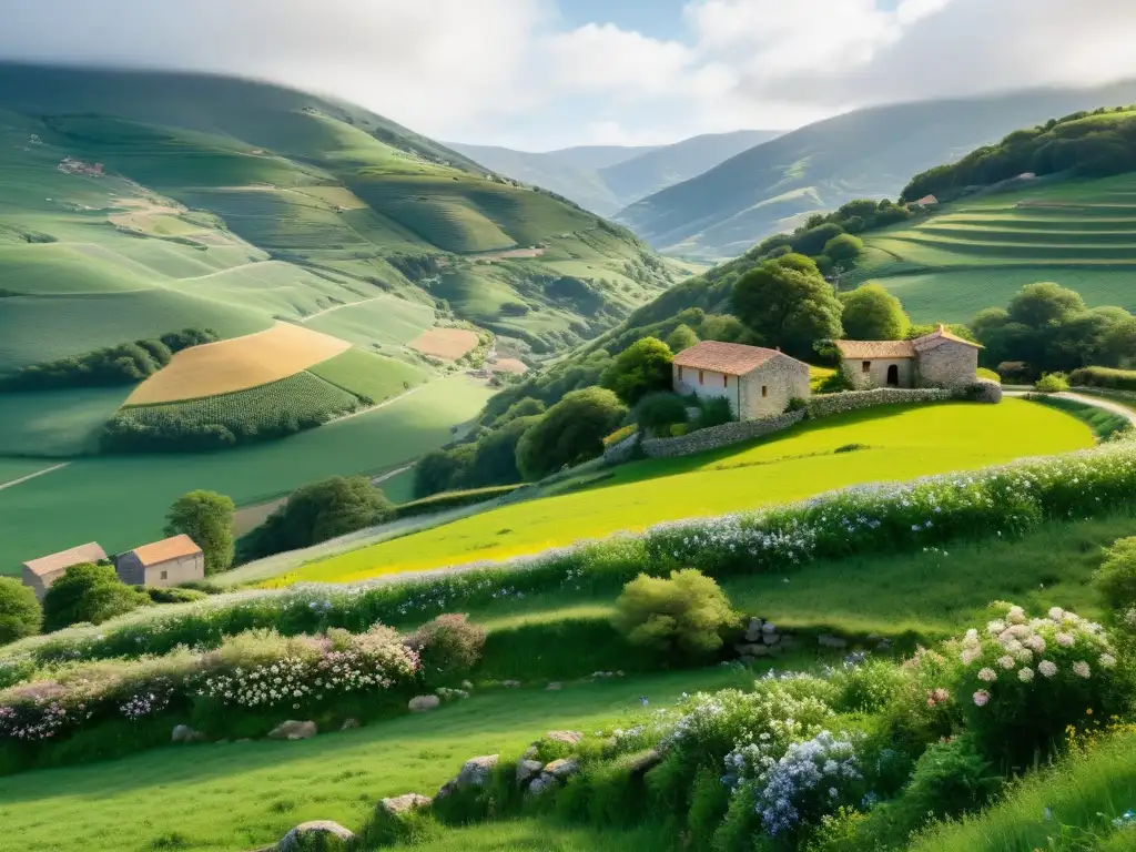 Una imagen de la exuberante campiña gallega en 8k, inspiración de 'Cantares Gallegos' de Rosalía de Castro