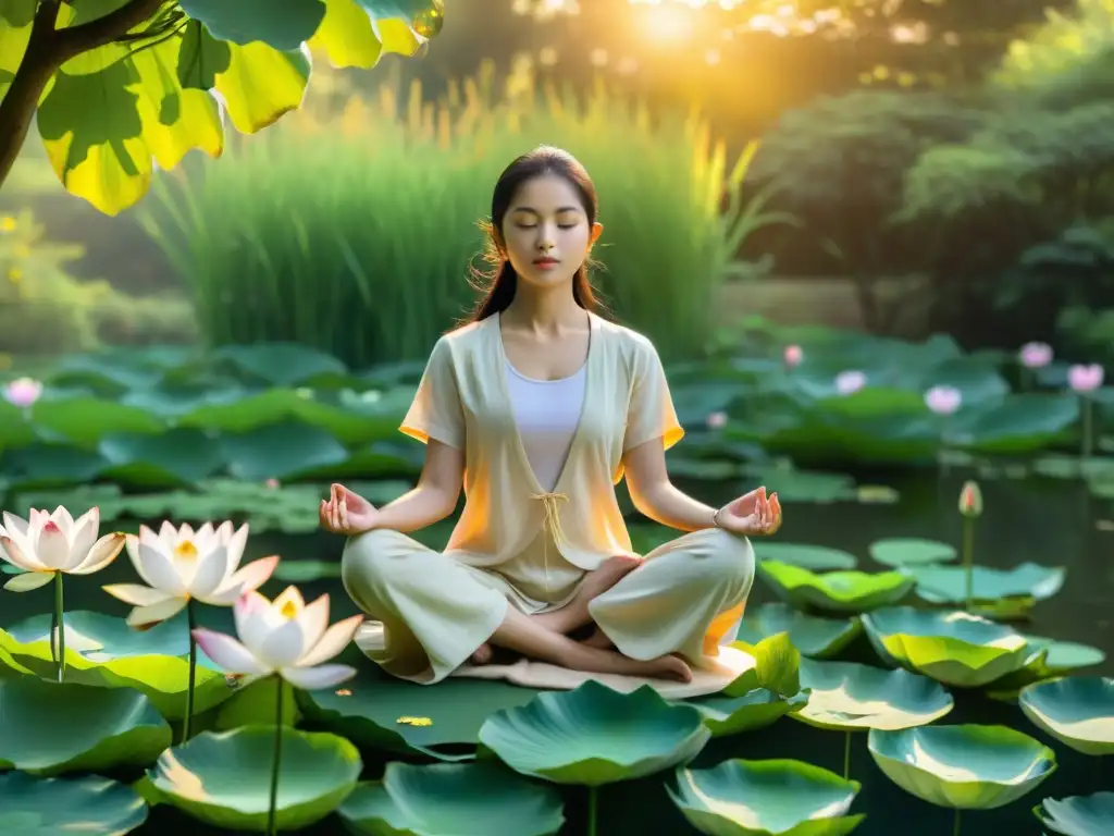 Imagen de figura meditando entre flores de loto en un jardín tranquilo con el poder sagrado de los mantras sánscritos