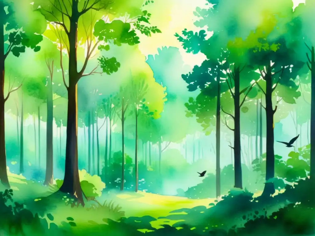 Imagen de una hermosa pintura acuarela de un claro forestal sereno, con versos de poesía flotando entre la naturaleza