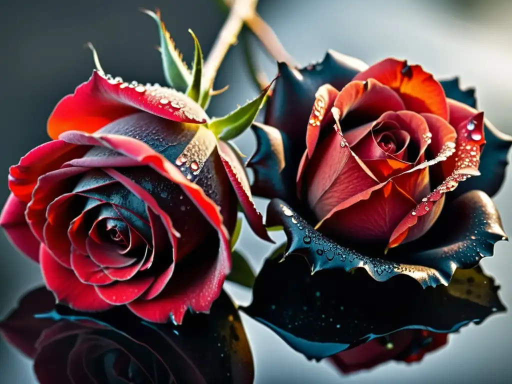 Una imagen impactante de la naturaleza: una rosa roja vibrante y una rosa negra marchita, una juxtaposición en poesía para contrastes