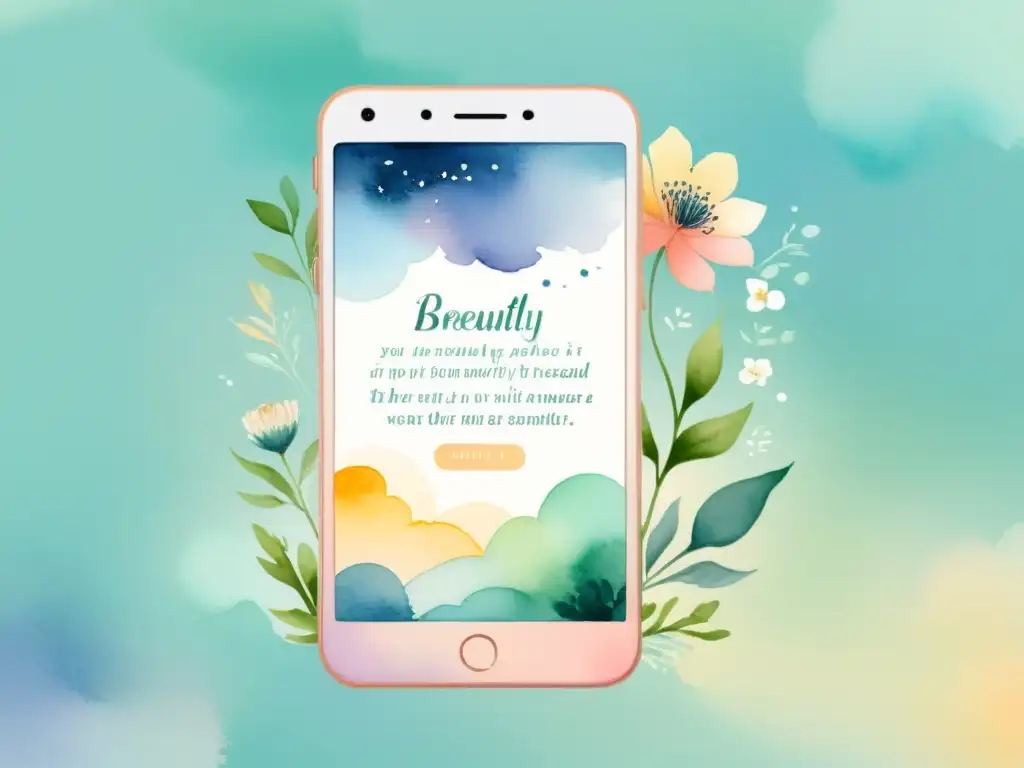 Imagen de una interfaz de app poética con versos y flores, transmitiendo paz y belleza