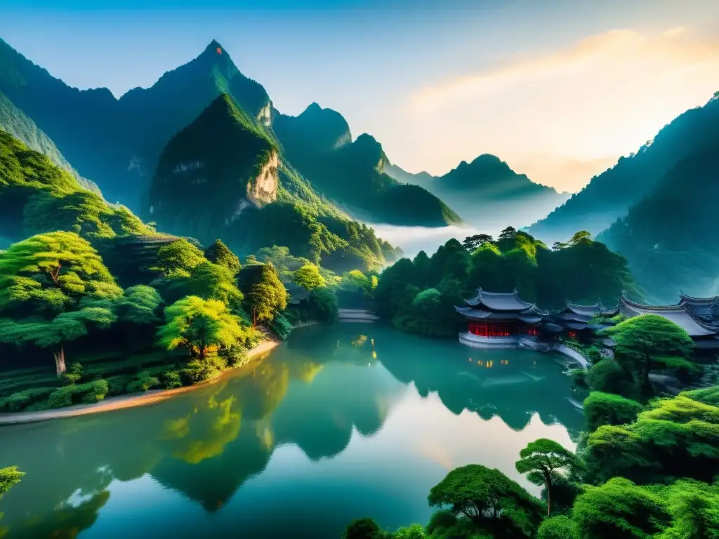 Imagen de la majestuosa poesía china Tang Du Fu, con el sereno Monte Qingcheng al amanecer