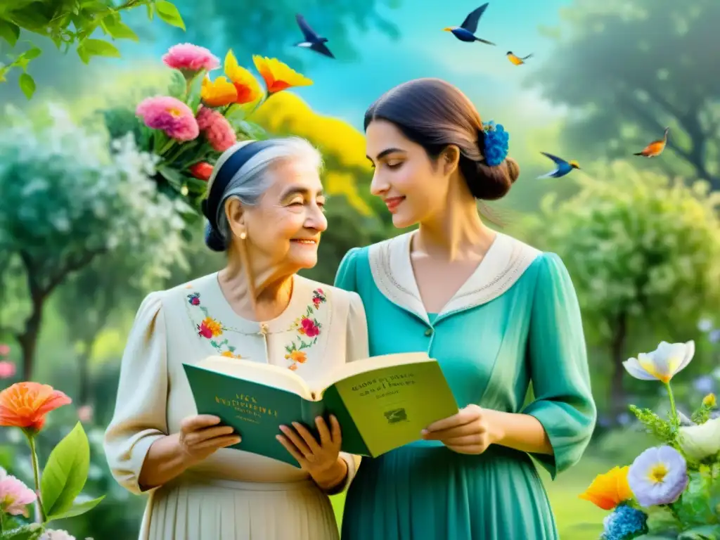 Imagen de dos mujeres elegantes, Gabriela Mistral y Alfonsina Storni, en un jardín sereno rodeado de flores vibrantes