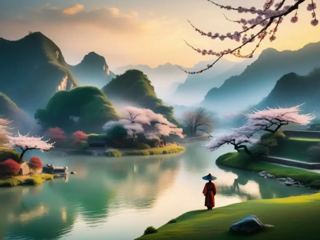 Imagen de paisaje chino con montañas, ríos y cerezos en flor, evocando la belleza y poesía de la Dinastía Tang