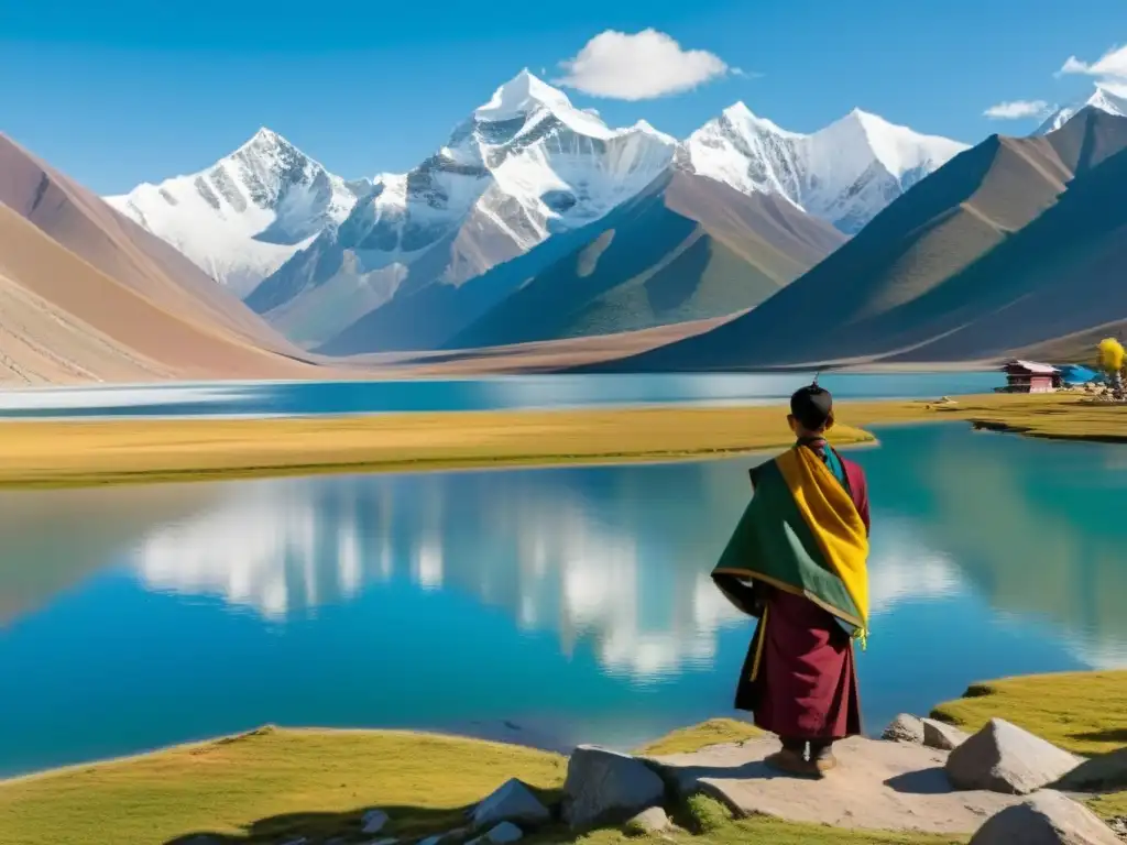 Imagen de paisaje montañoso sereno con laguna tranquila, reflejando orilla, banderas de oración y figura tibetana