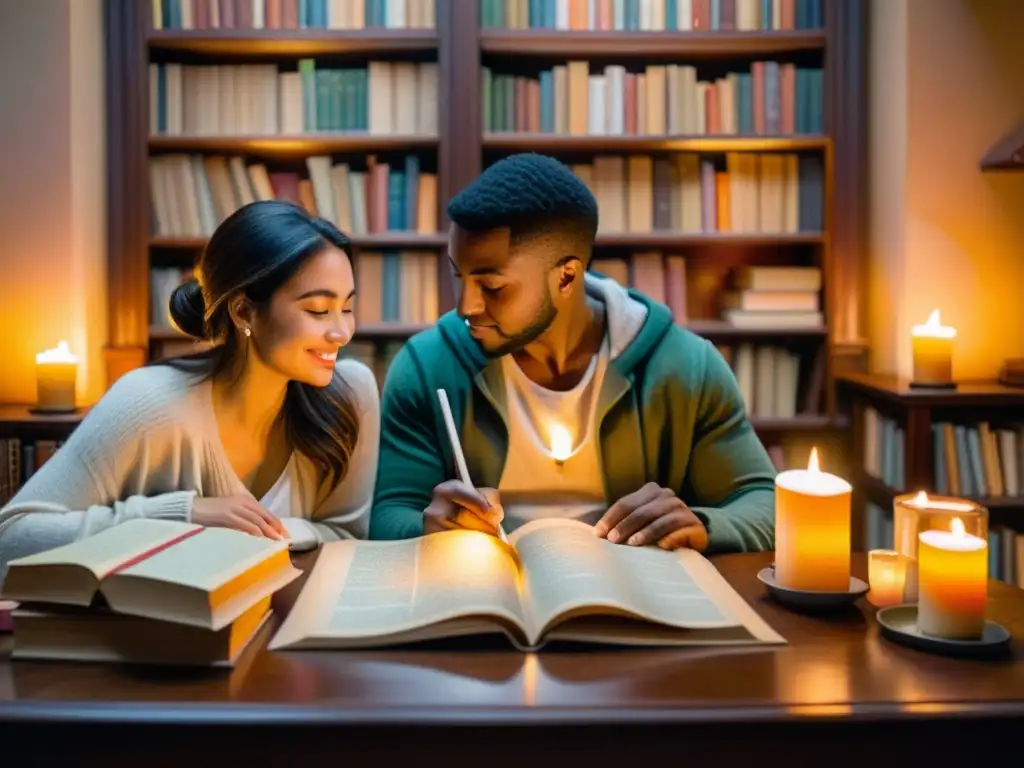 Imagen de una pareja en un apasionado taller de poesía amorosa pasional, rodeada de libros y pergamino, iluminados por velas