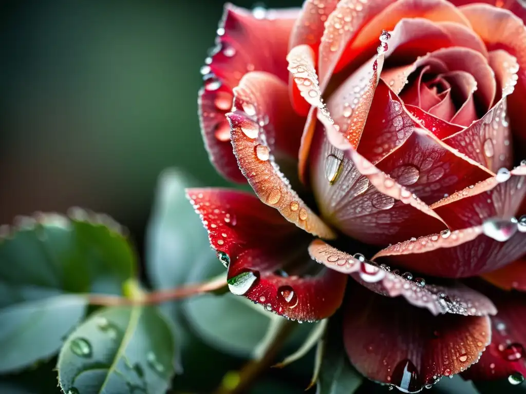 Una imagen de un pétalo de rosa roja cubierto de gotas de rocío, iluminado por la suave luz de la mañana