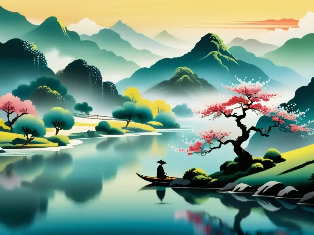 Imagen de pintura china con paisaje de montañas, río y músico bajo cerezo en flor