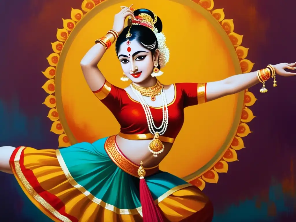 Imagen de pintura detallada de bailarina india en pose clásica de Bharatanatyam, expresando Rasa en la poesía sánscrita