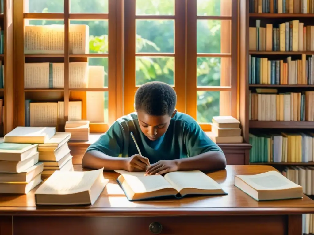 Imagen de pintura detallada de un poeta novato escribiendo en su escritorio rodeado de libros de poesía, iluminado por la luz del sol