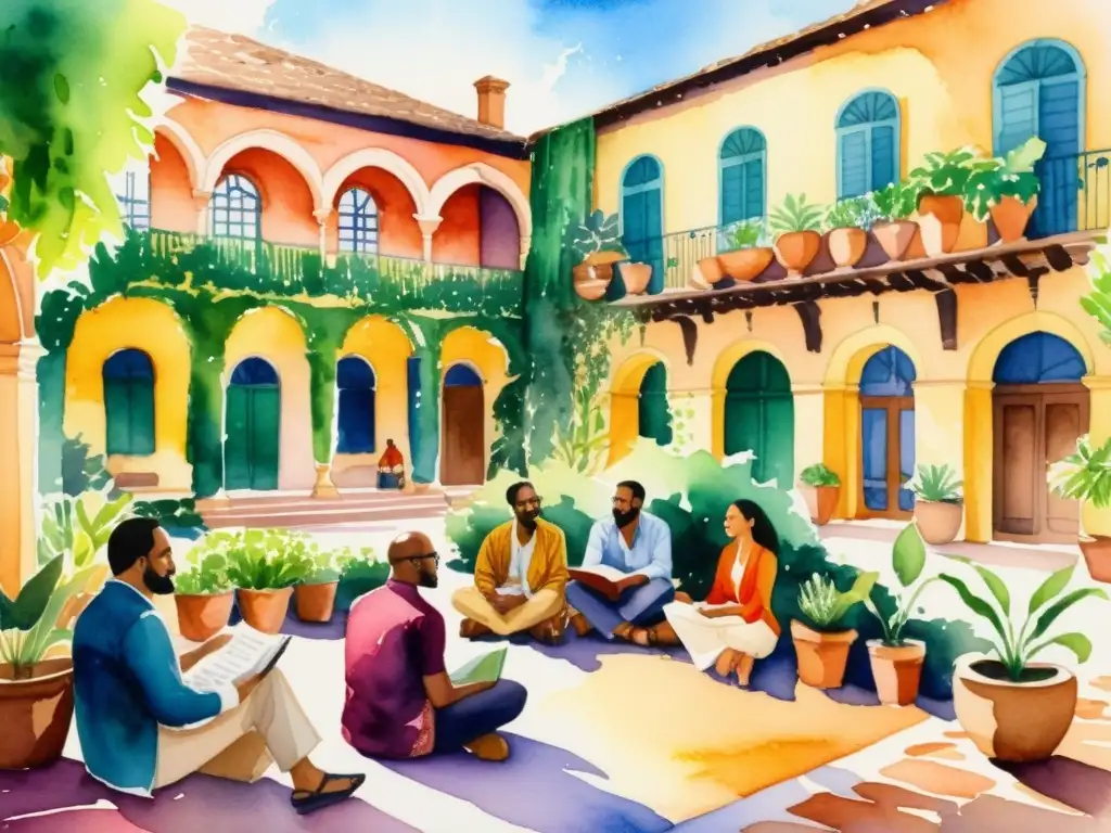 Imagen de pintura acuarela vibrante de poetas de todo el mundo reunidos en un patio soleado, transmitiendo energía creativa y camaradería