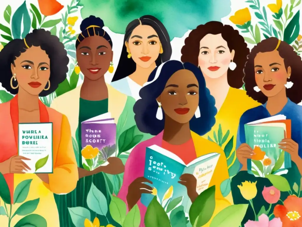 Mujeres poetas: diversidad, unión y empoderamiento Imagen de pintura acuarela vibrante con poetas mujeres de distintas culturas y fondos, compartiendo en festival de poesía escritura femenina