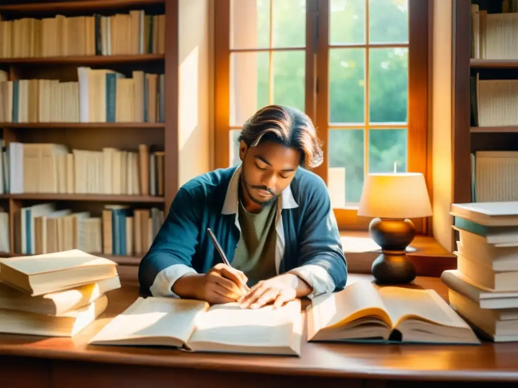 Imagen de un poeta en su estudio, rodeado de libros y escribiendo versos a la luz cálida del sol