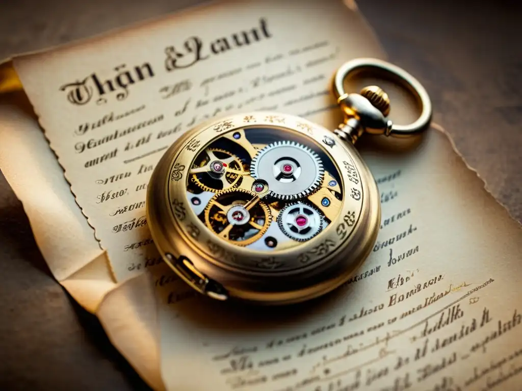 Una imagen de alta resolución de un antiguo reloj de bolsillo con detalles intrincados, sobre un fondo de pergamino envejecido