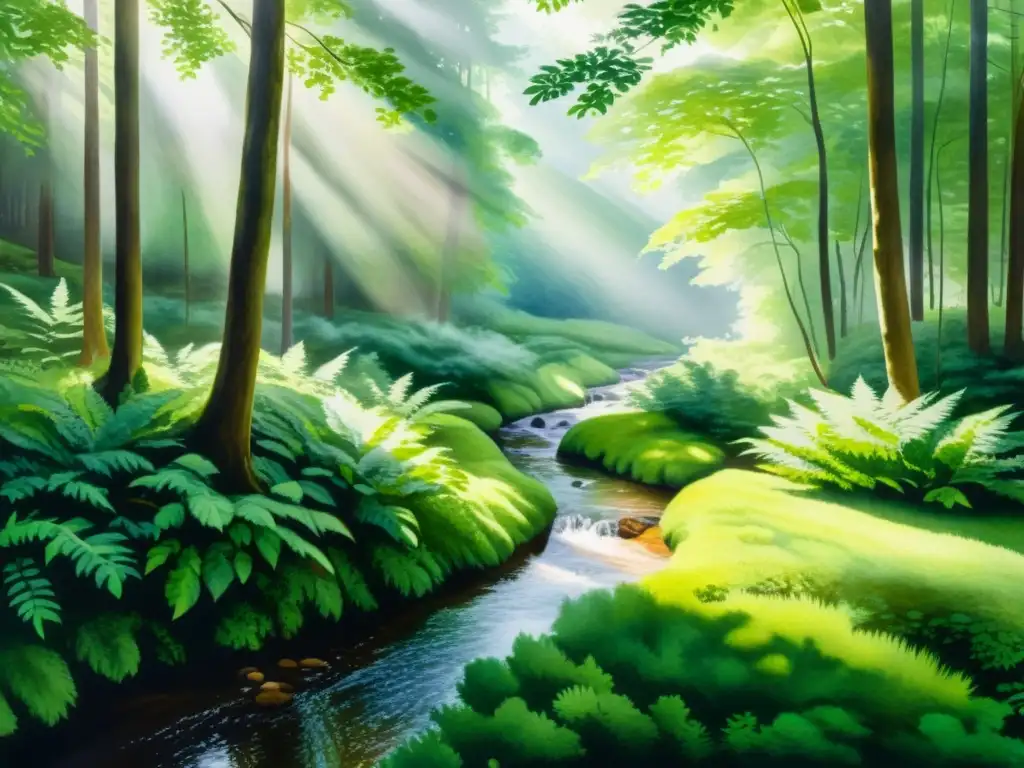Imagen sensorial de poesía: un paisaje de bosque sereno y neblinoso, con luz filtrándose entre las hojas y creando sombras