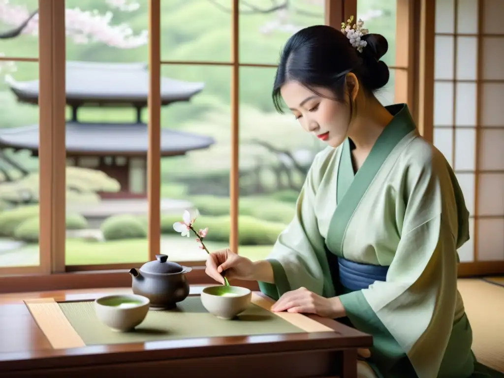 Imagen de una serena ceremonia del té japonés con sakuras en flor, destacando el rol de la poesía en filosofía