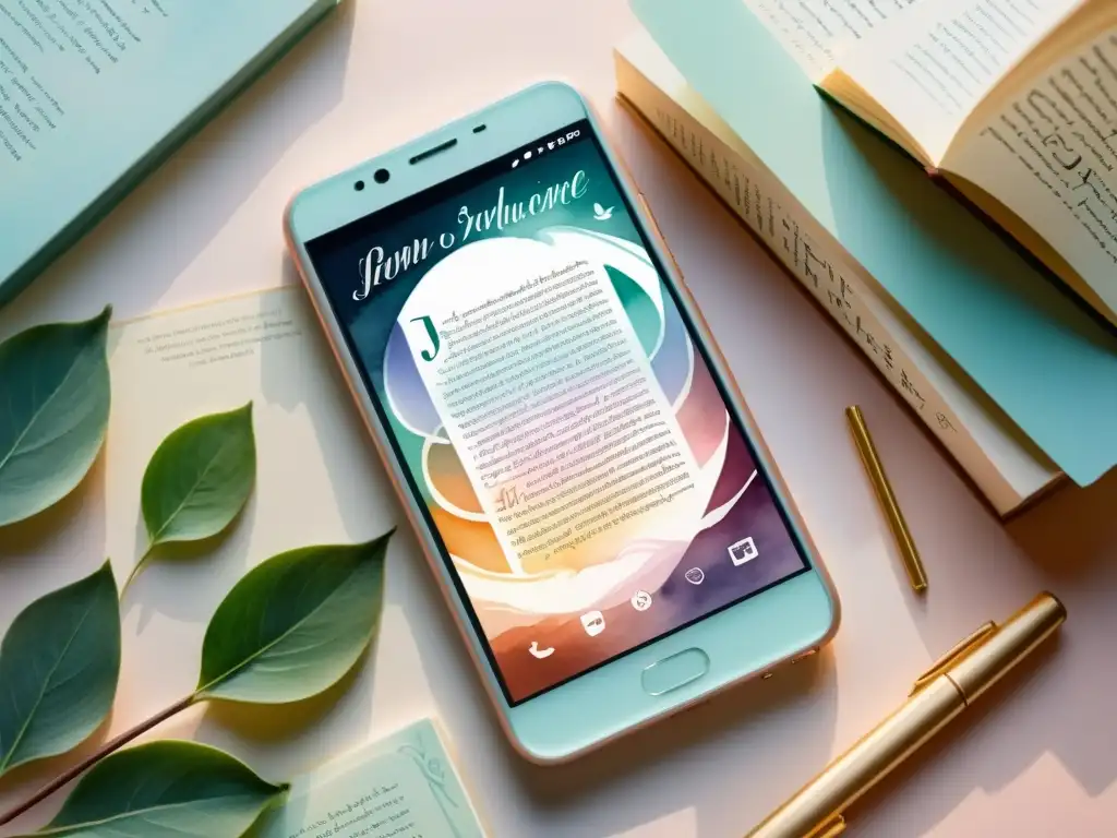 Imagen de un smartphone rodeado de libros de poesía clásica, con un soneto en pantalla y paisaje acuarela, evocando creatividad