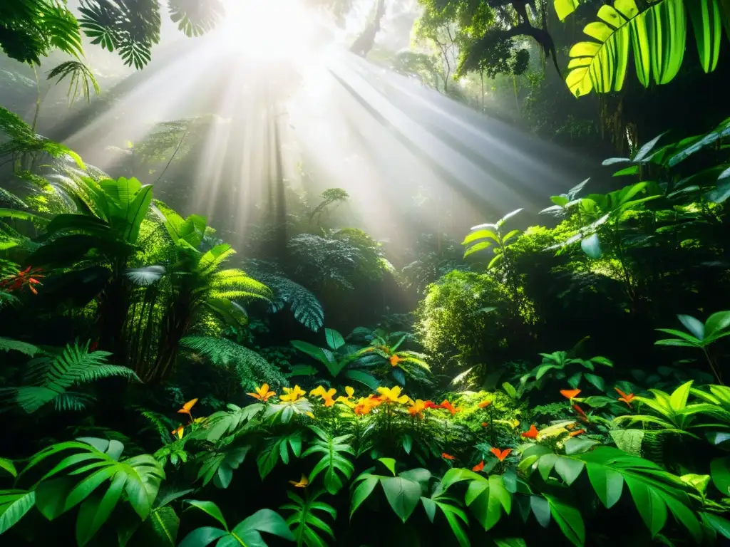 Una imagen sorprendente de un exuberante y vibrante bosque lluvioso con árboles imponentes, flores exóticas y diversa vida silvestre