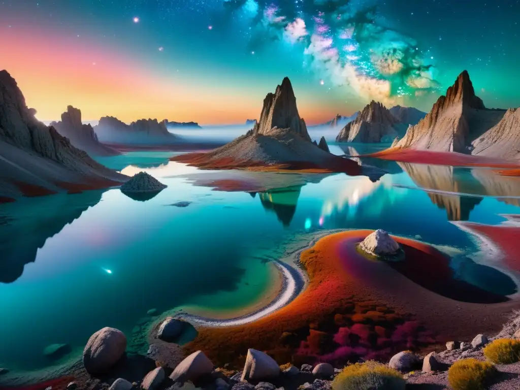 Una imagen surrealista de un paisaje de ensueño con colores vibrantes y galaxias que se reflejan en un lago cristalino