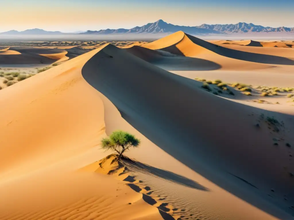 Una impactante acuarela detallada de un vasto paisaje desértico con dunas ondulantes y un cielo brillante y despejado