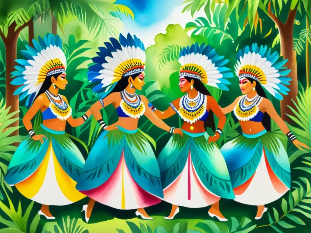 Danza ceremonial indígena: pintura acuarela detallada Una impactante pintura acuarela detallada de una vibrante danza ceremonial indígena, rodeada de exuberante vegetación y bañada en cálida luz dorada