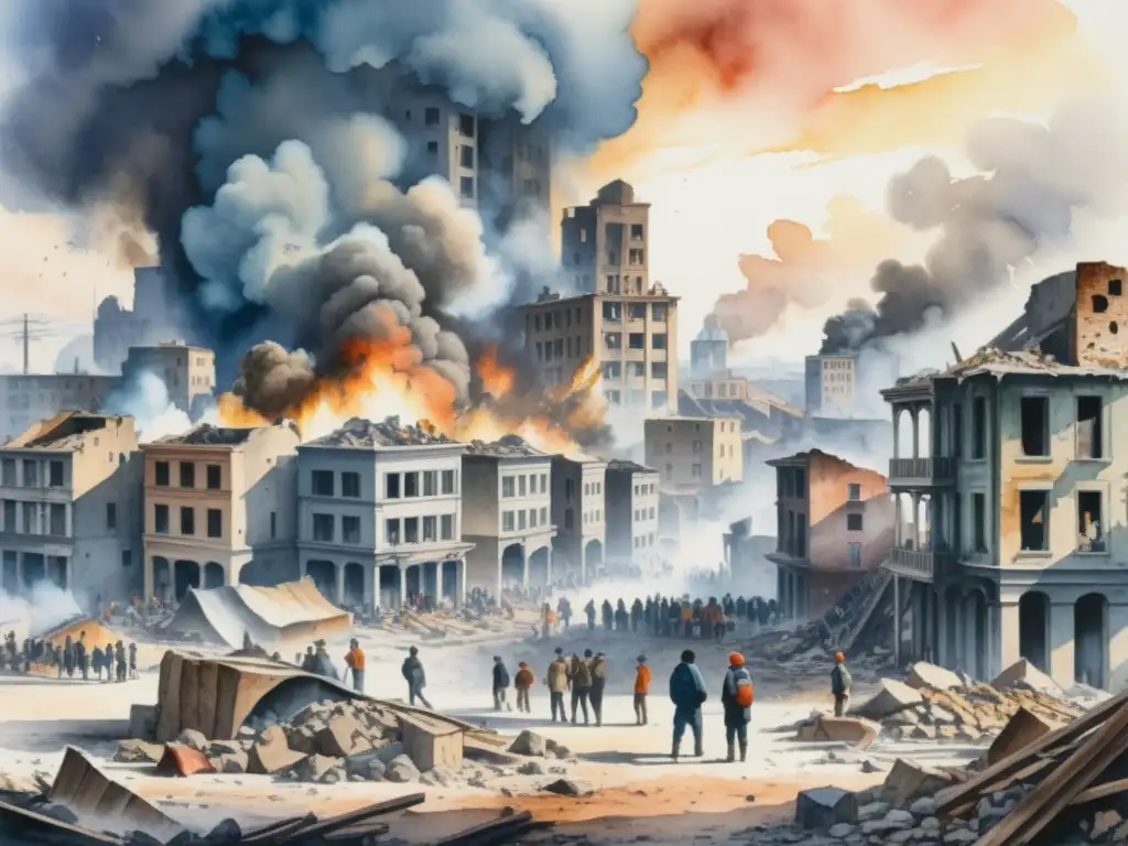 Una impactante pintura acuarela muestra la devastación de una ciudad en guerra, donde la poesía testigo la resistencia humana