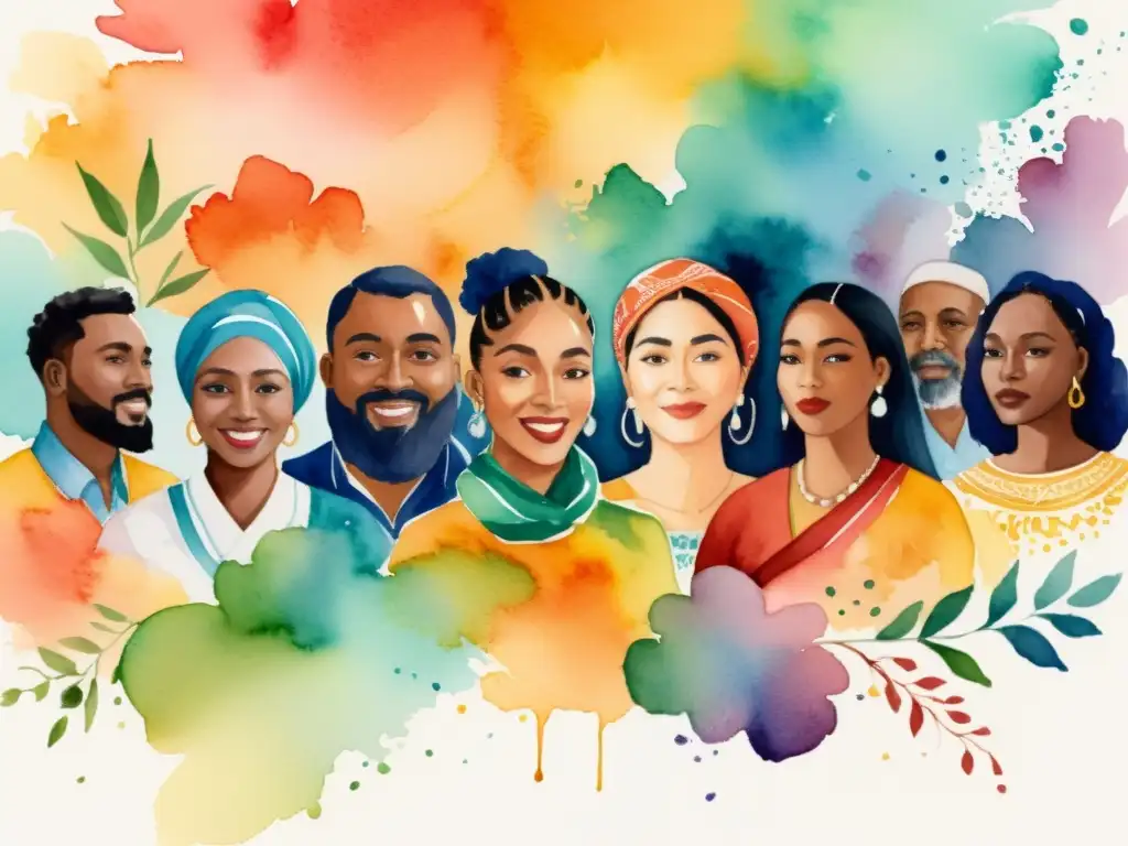 Encuentro poético mundial: Unión a través de la poesía Una impactante pintura acuarela de un grupo diverso en un evento poético online, conectando culturas con colores vibrantes y detalles emocionantes
