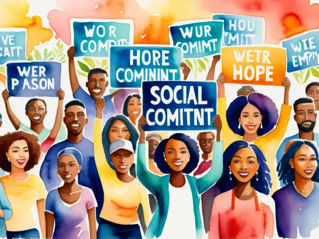 Una impactante pintura acuarela de una multitud diversa sosteniendo carteles con versos poderosos de poesía social compromiso ético
