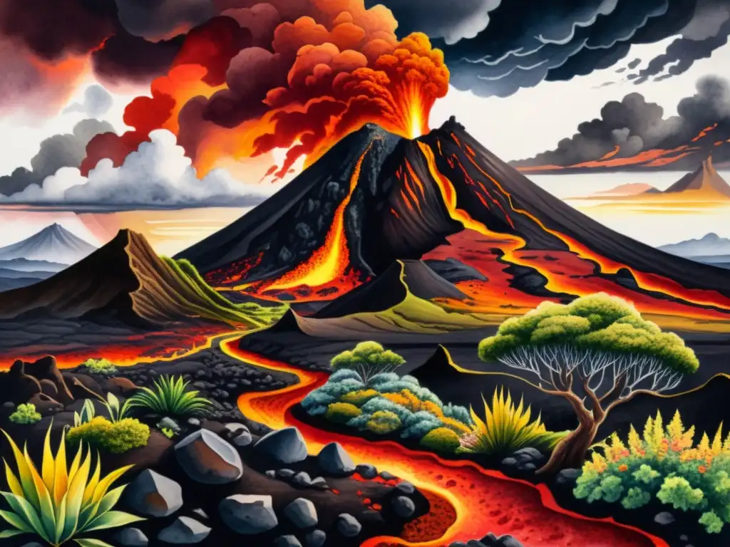 Una impactante pintura acuarela de un paisaje volcánico, con lava roja y naranja fluyendo, contrastando con el terreno rocoso