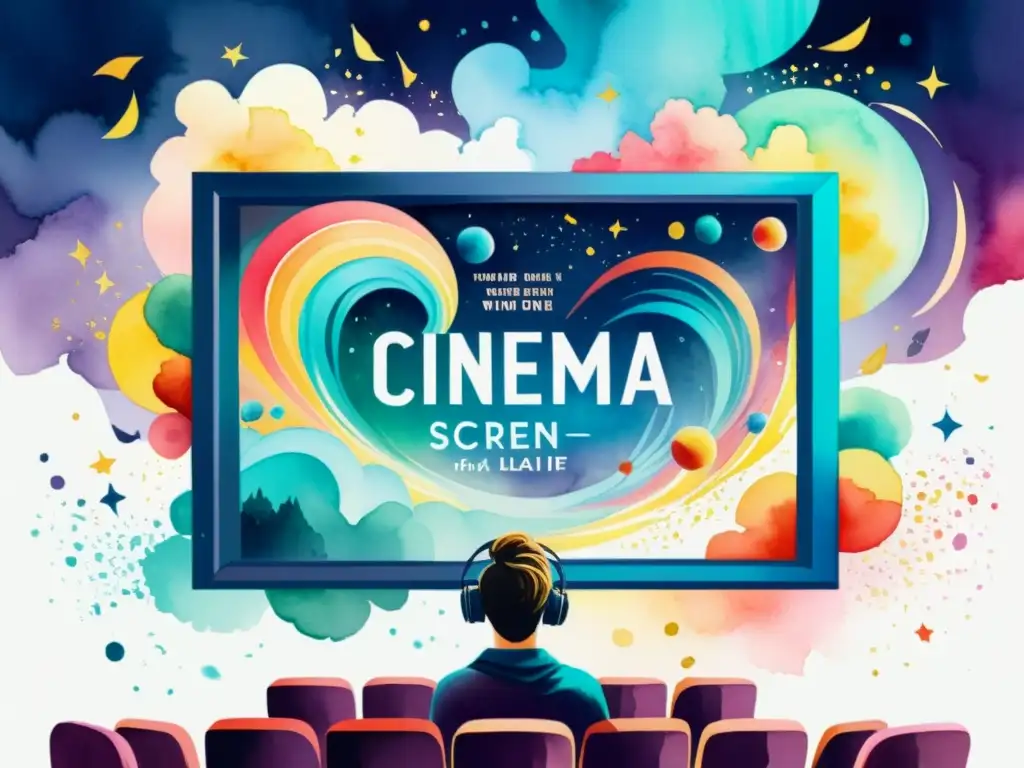 Poética en pantalla: acuarela vibrante de poesía y cine Una impactante pintura en acuarela de una pantalla de cine rodeada de colores vibrantes y envolventes, mostrando una escena de poesía cobrando vida