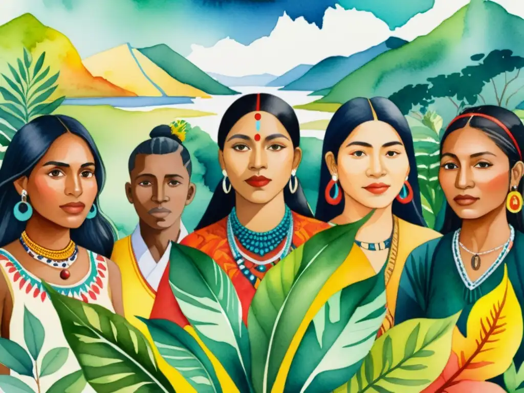 Pintura acuarela: Poetas indígenas del mundo con sus poemas Una impactante pintura acuarela de poetas indígenas de todo el mundo, rodeados de exuberantes paisajes naturales