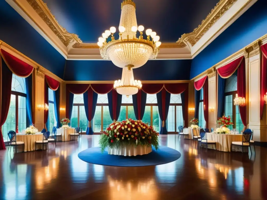 Una impresionante acuarela de una gala poética en un opulento salón adornado con exuberantes arreglos florales en tonos vibrantes de carmesí, oro e índigo, mientras poetas y musas organizan con elegancia en el fondo, creando una atmósfera de envidia creativa