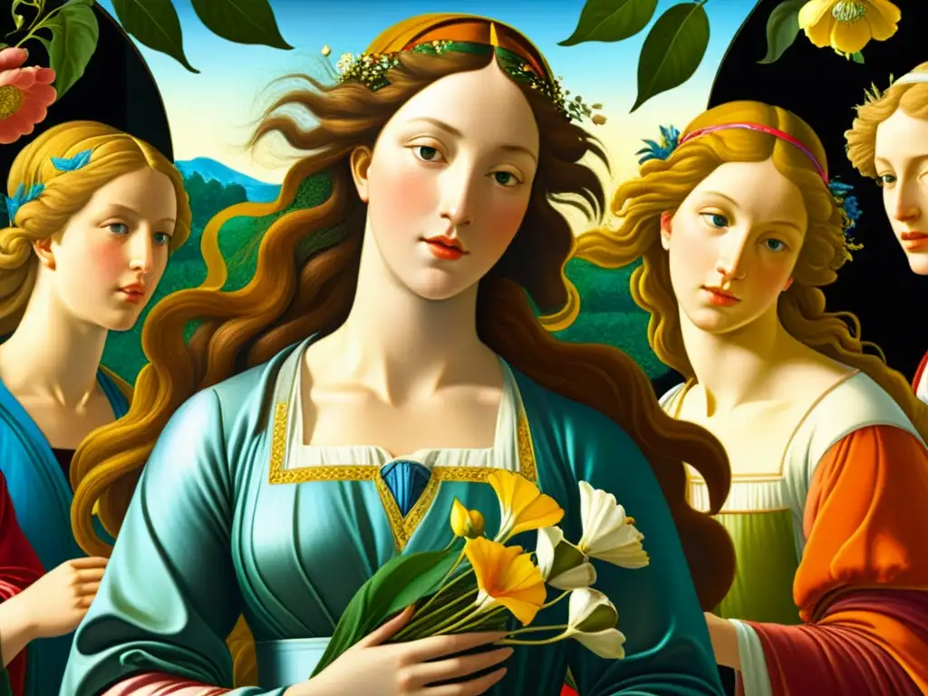 Una impresionante adaptación de Primavera de Botticelli, con colores vibrantes y detalles intrincados que capturan una alegoría en poesía