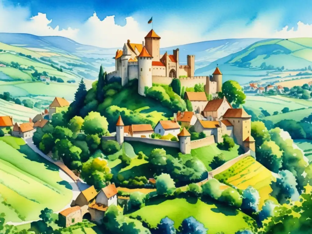 Una impresionante ilustración acuarela de un castillo medieval europeo rodeado de verdes colinas, una aldea bulliciosa y un mercado medieval, capturando la importancia de la poesía en la Europa feudal