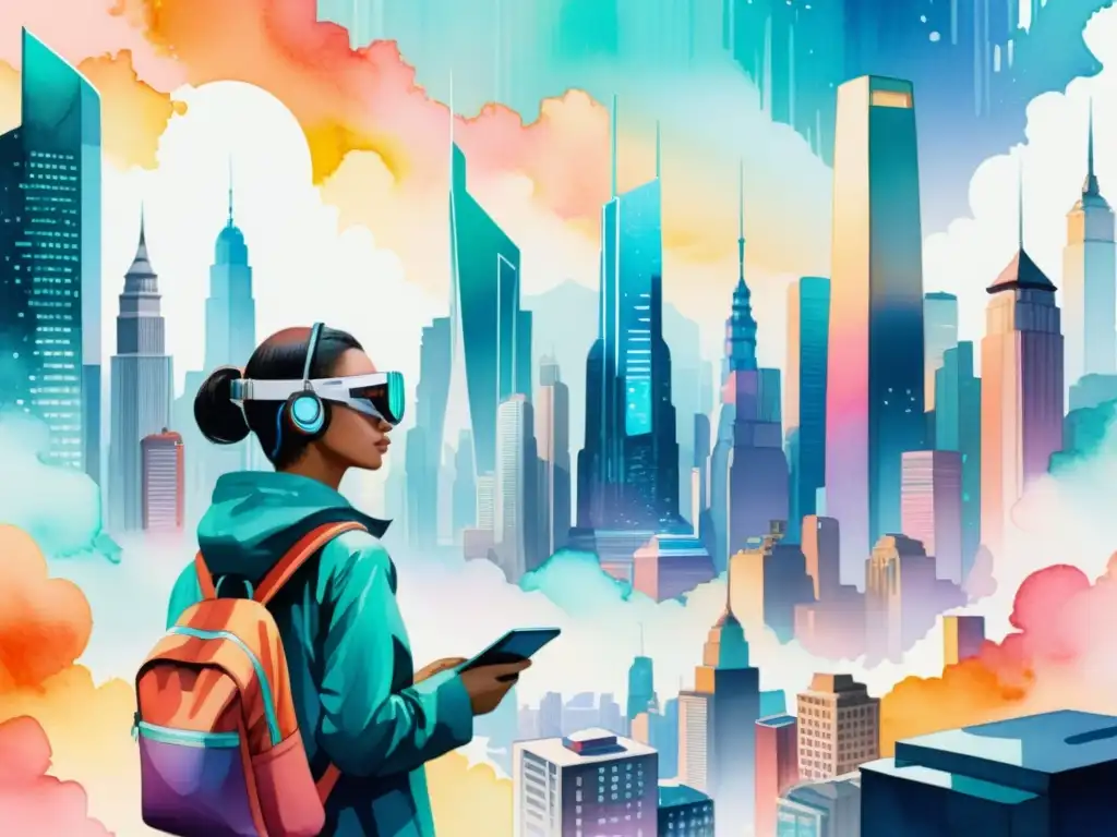 Una ilustración acuarela impresionante de una ciudad futurista con colores vibrantes y poesía digital en realidad aumentada