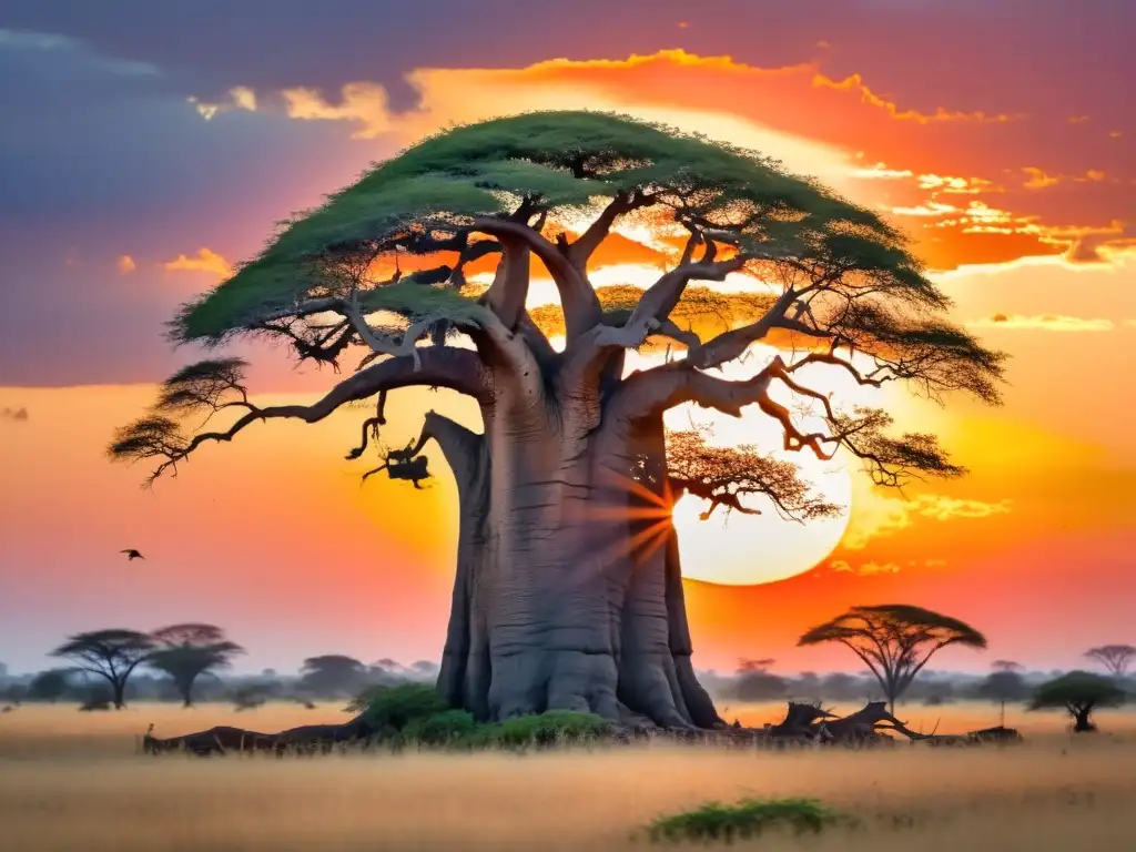 Un impresionante cuadro en acuarela de un baobab destacando en un vibrante atardecer africano