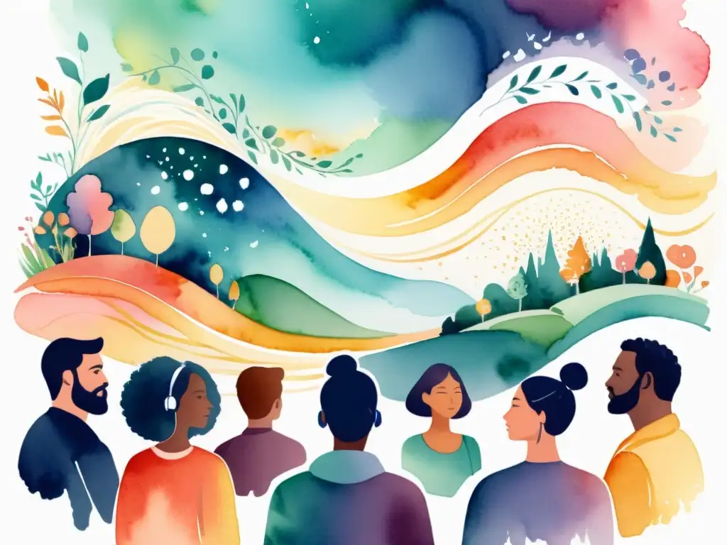 Una ilustración acuarela impresionante de un evento poético virtual en redes sociales, con personas diversas escuchando con emoción