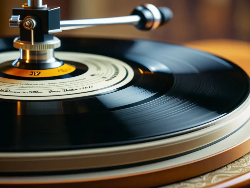 Una impresionante imagen de un antiguo disco de vinilo girando en un tocadiscos, con detalles exquisitos que muestran las texturas y surcos