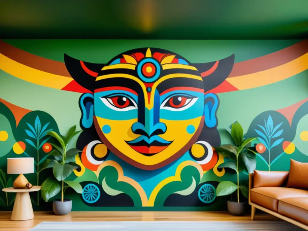 Un impresionante mural indígena con narrativas visuales poesía indígena, colores terrosos y símbolos antiguos en un entorno exuberante
