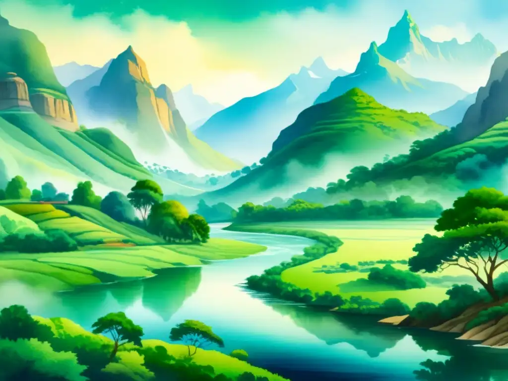 Impresionante ilustración acuarela de paisaje indio sereno con exuberante vegetación y majestuosas montañas