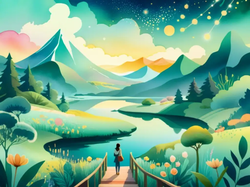 Una ilustración acuarela impresionante de un paisaje sereno y otro mundo, integrando poesía y experiencias inmersivas en arte digital y natural