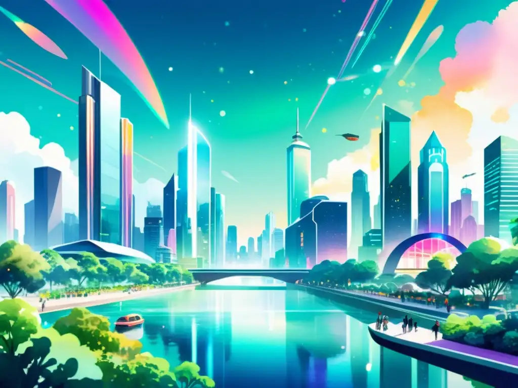 Una ilustración acuarela impresionante de un paisaje urbano futurista, con edificios altos y elegantes, hologramas y luces neón